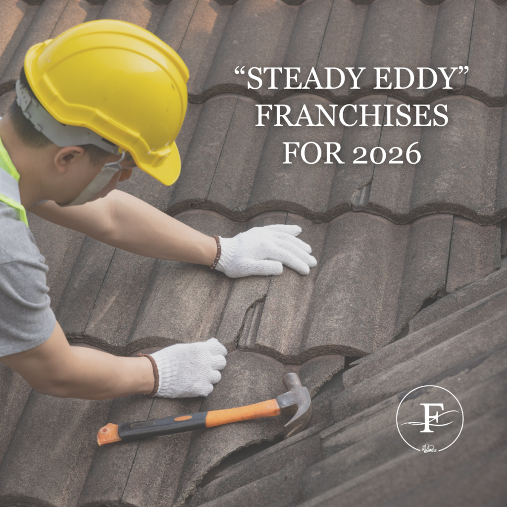 Worker repairing roof tiles on a home with “Steady Eddy Franchises for 2026” text overlay