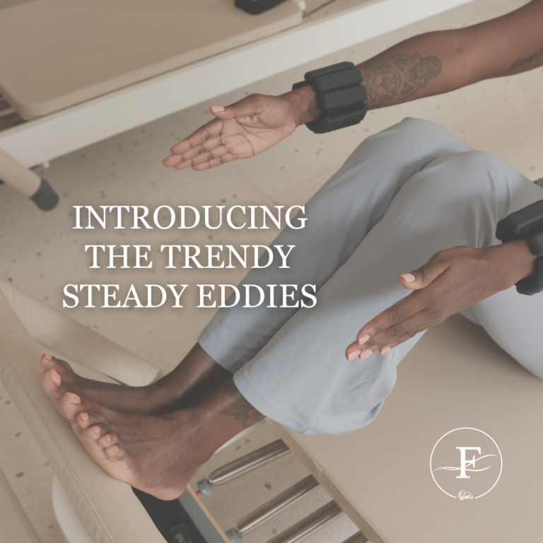 Woman sitting on a workout reformer with ankle weights, legs extended, and hands outstretched, with the text “Introducing the Trendy Steady Eddies” overlaid.